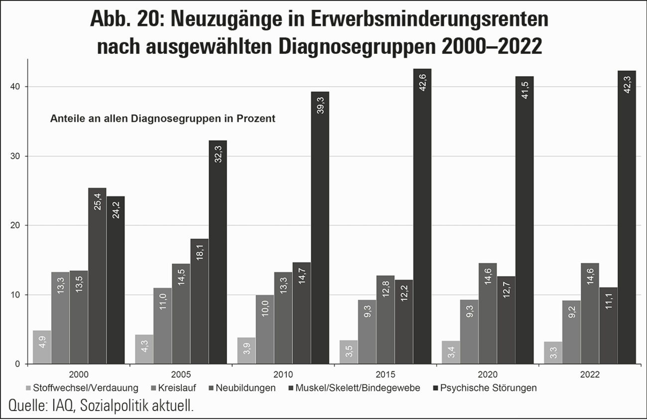 Abb. 20: Neuzugänge in Erwerbsminderungsrenten nach ausgewählten Diagnosegruppen 2000–2022